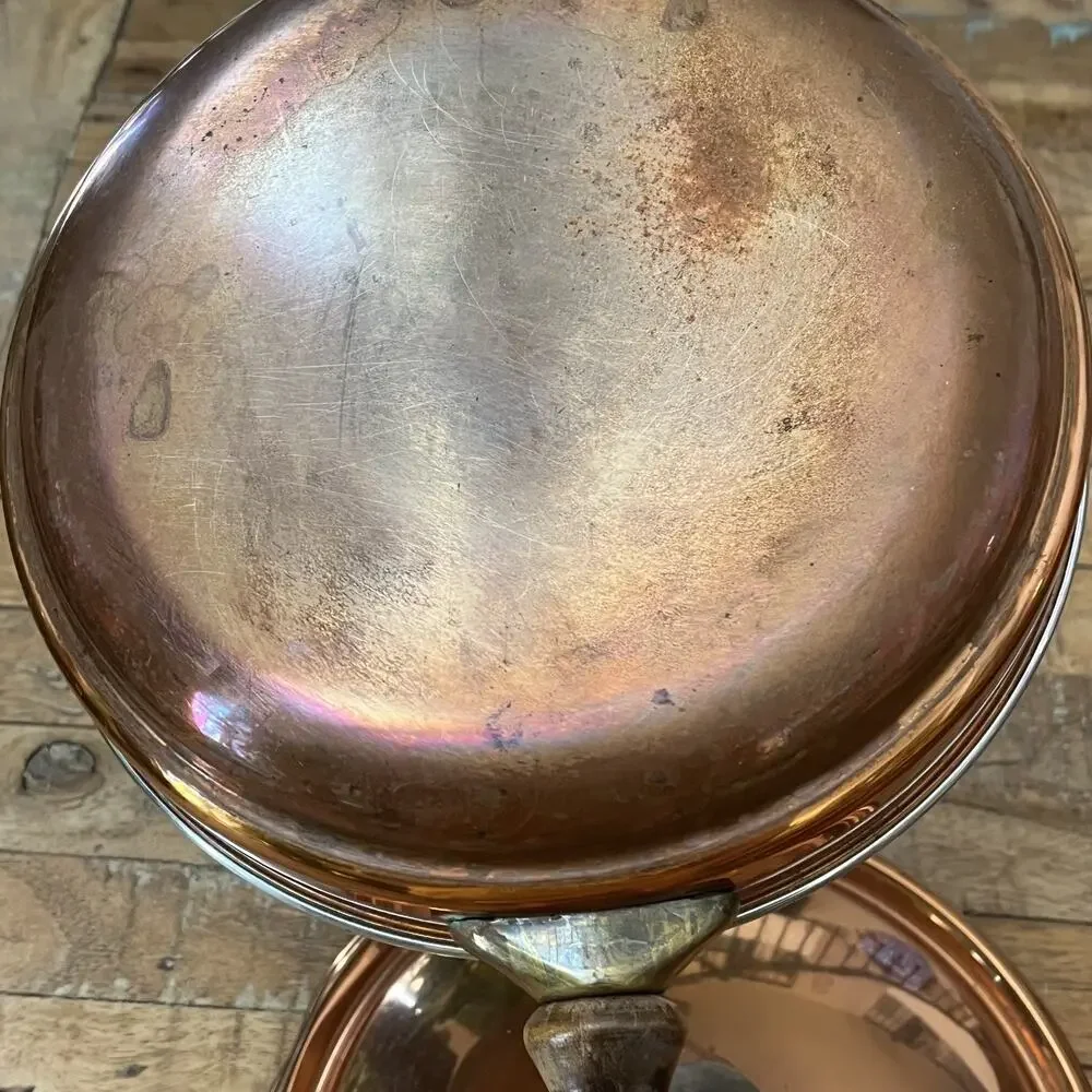 Vintage Copper Saute Pan Skillet with Lid Wood Handle